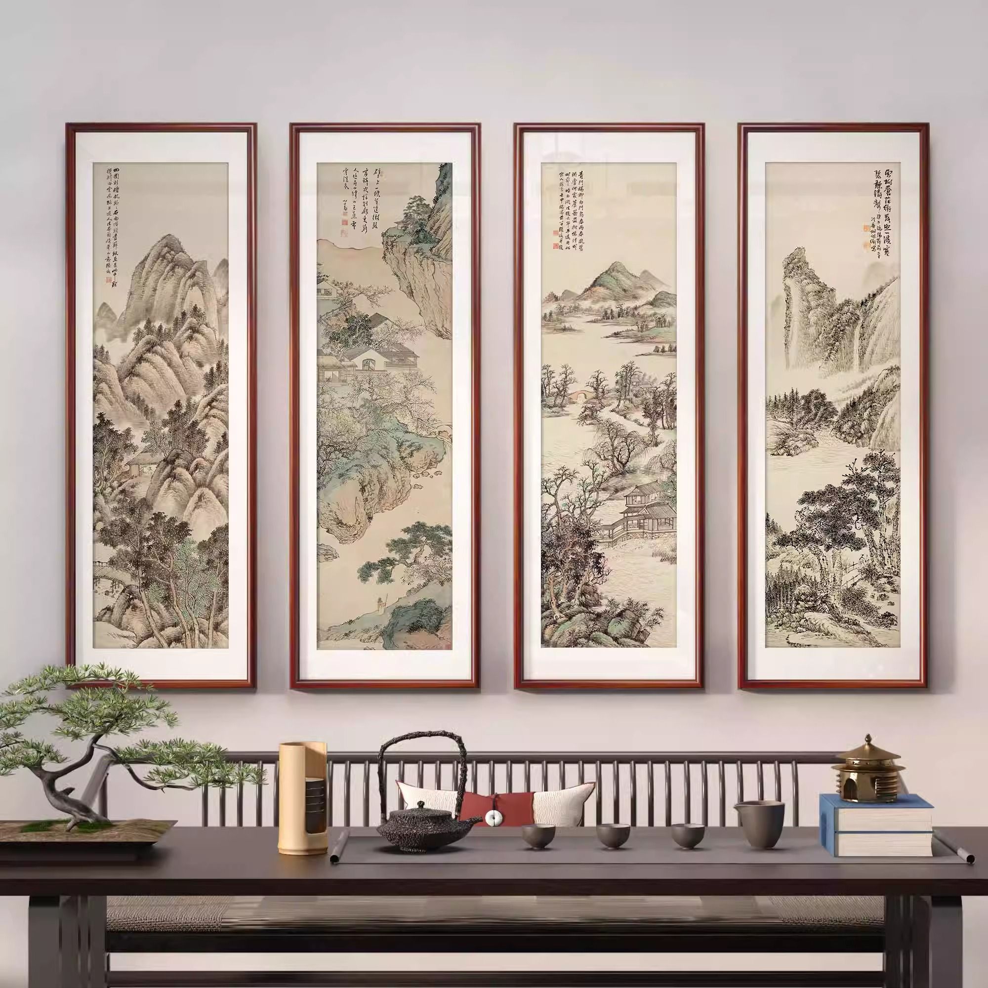 国风梅兰竹菊四联山水花鸟屏新中式客厅茶室实木挂画四君子四条屏