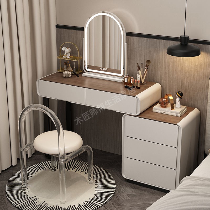 新款实木梳妆台现代简约奶油风小户型化妆桌N卧室床头斗柜一体妆