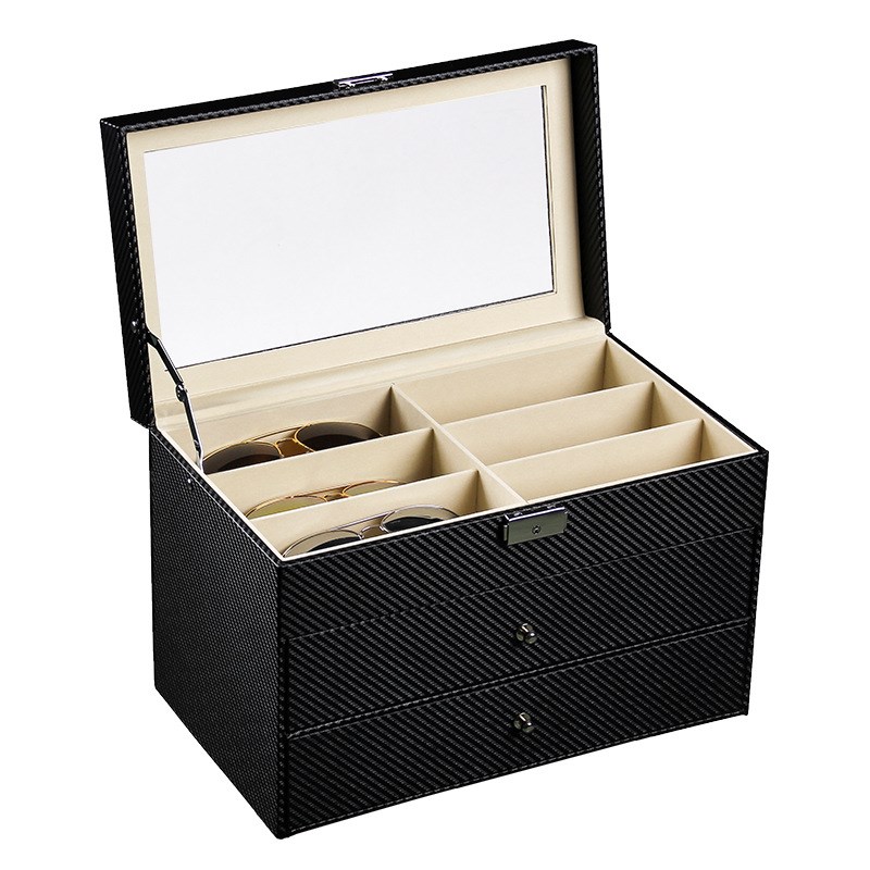 现货3层a太阳眼镜盒碳纤维PU皮革眼镜收纳盒18格大容量收纳展示盒