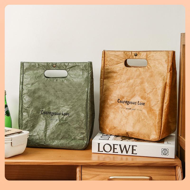 ◘杜邦纸饭盒袋保温包户外野餐袋午餐上班族复古防水防油便当包