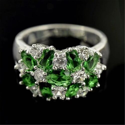 Green Zircon Diamond Flower Ring Fashionable European Americ