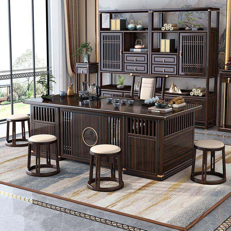 新中式乌金木实木茶台茶桌椅组合一桌五椅办公茶桌一体功夫泡茶台