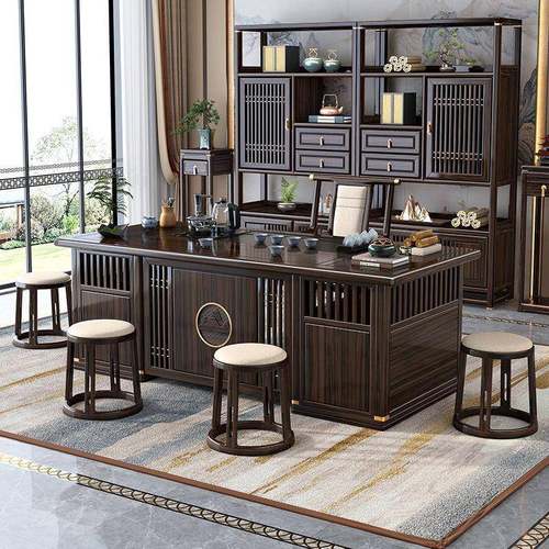 新中式乌金木实木茶台茶桌椅组合一桌五椅办公茶桌一体功夫泡茶台