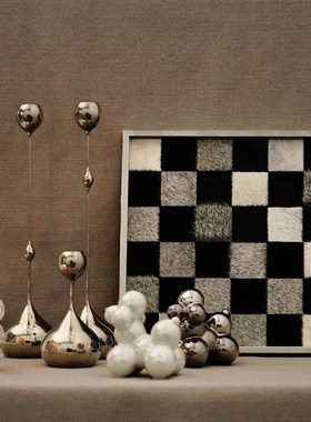 现代轻奢牛毛黑i白拼色格子艺术金属托盘摆件样板房客厅卧室装饰