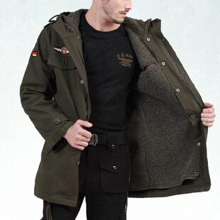 户外野战德国风衣加厚驼绒大衣可拆卸带袖内胆中长款军绿色棉大衣