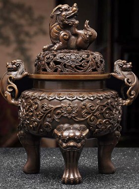 紫铜色大明狮子炉仿古宣德炉家用香道茶道香炉檀香X盘香炉香薰炉