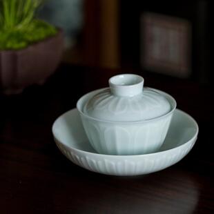 且来湖田影青浮雕莲花盖碗陶瓷功夫三才碗家用茶具单个大号泡茶碗