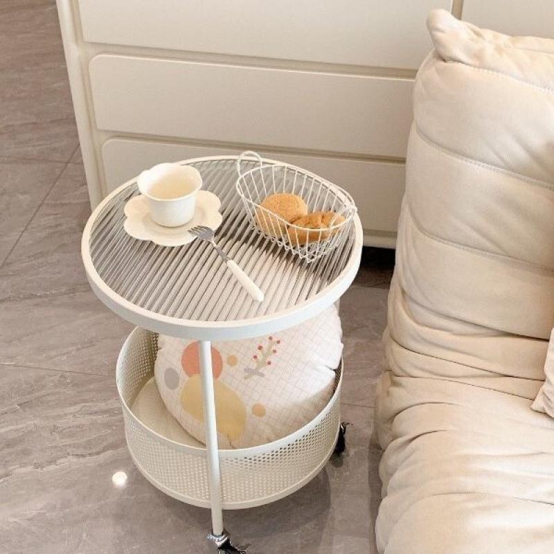 奶油移动茶几现代轻奢小户型简约家用沙发客厅玻璃圆形网红圆桌