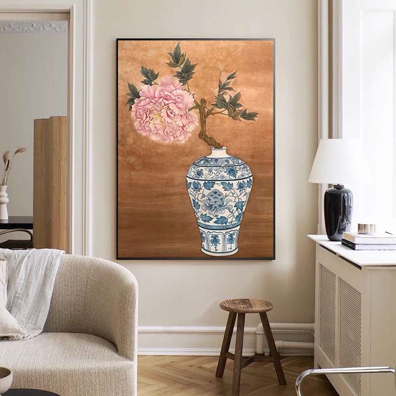 《牡丹花开富贵》新中式青花瓷花瓶客厅装饰画中古风茶室书房挂画图片