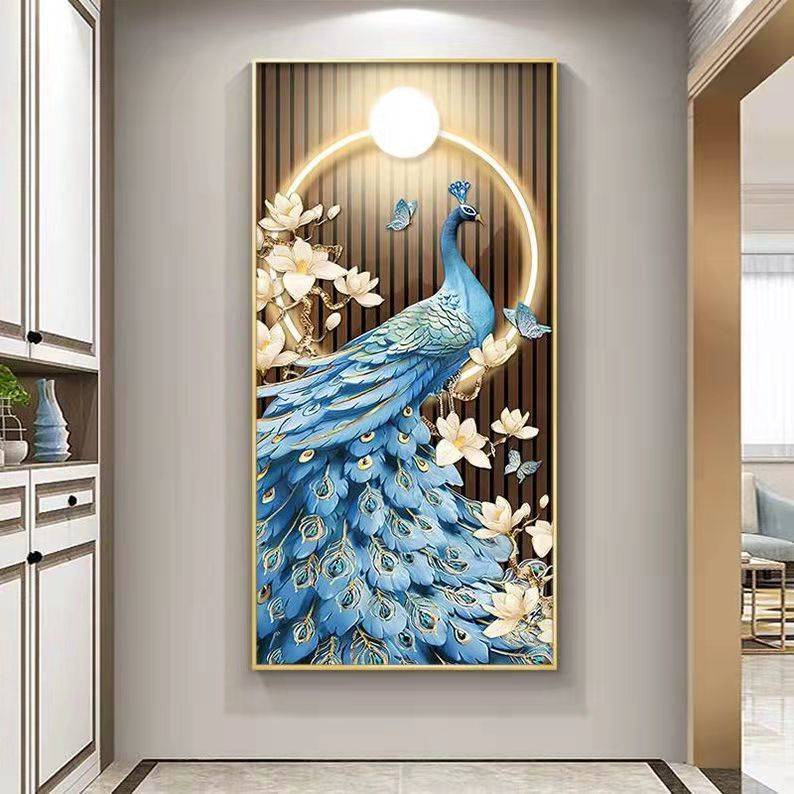 孔雀玄关画入户装饰画晶瓷镶钻走廊过道挂画寓意好壁画背景画图片