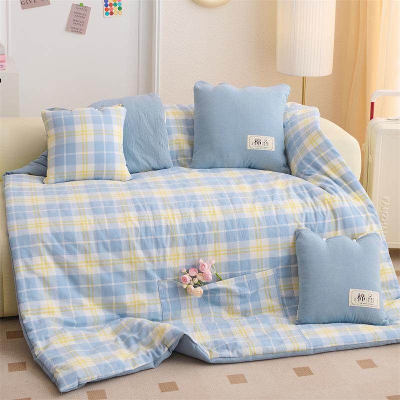 色织水洗棉全棉抱枕被子两用二合一车用靠枕午睡毯子加厚枕头被