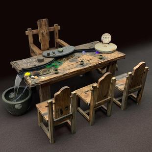 老船木流水茶桌椅组合室外茶台循环流水景观中式茶几实木创意茶桌