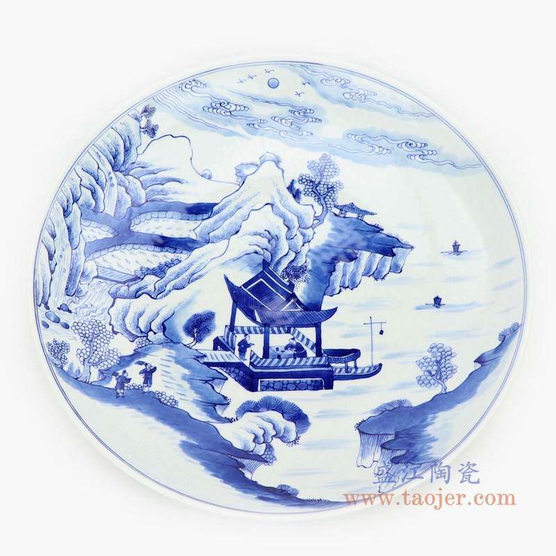 景德镇人物山水青花瓷盘手绘仿古瓷器博古装饰摆件挂饰多边赏坐盘