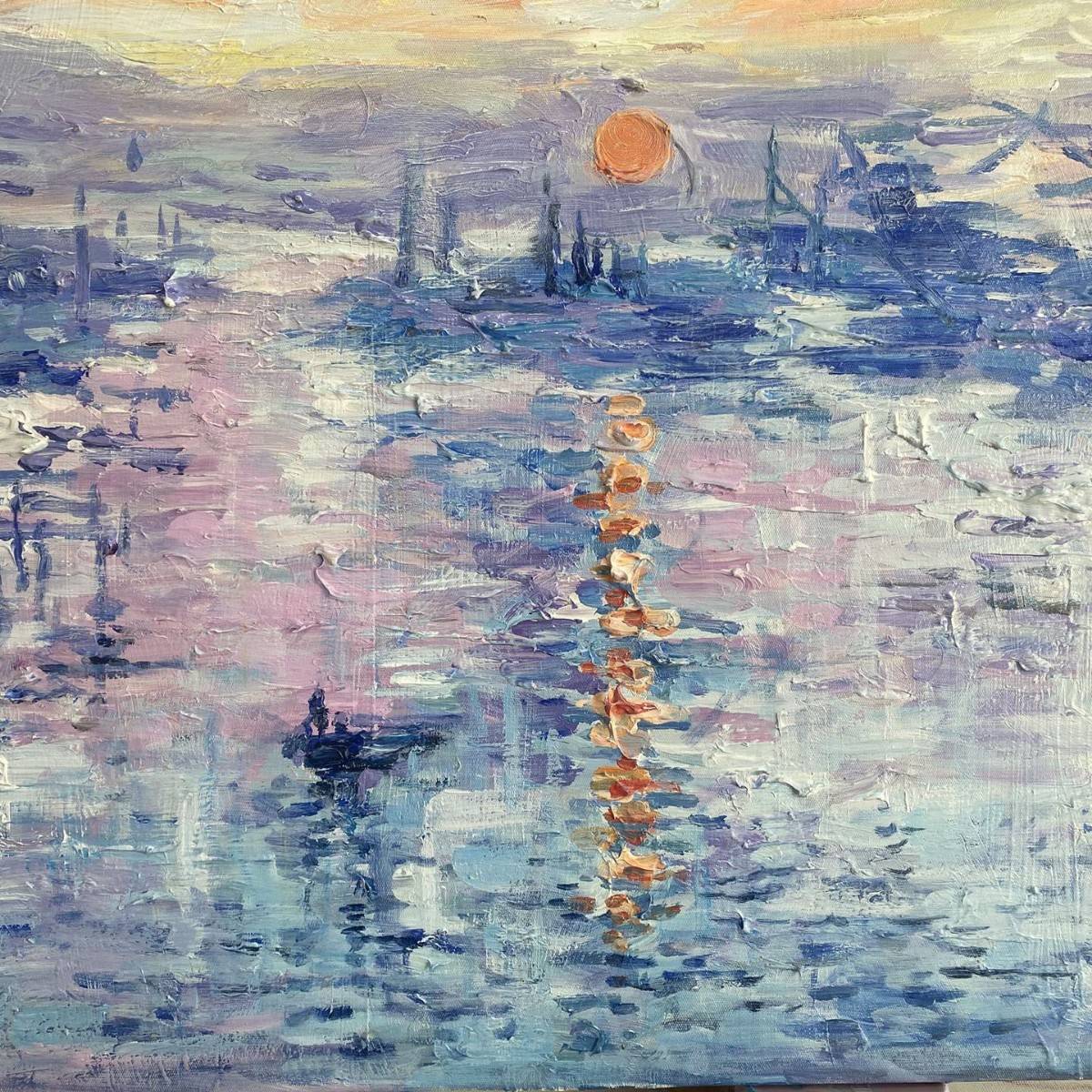 莫奈日出纯手绘油画入户玄关装饰画现代走廊过道轻奢风景横版挂画
