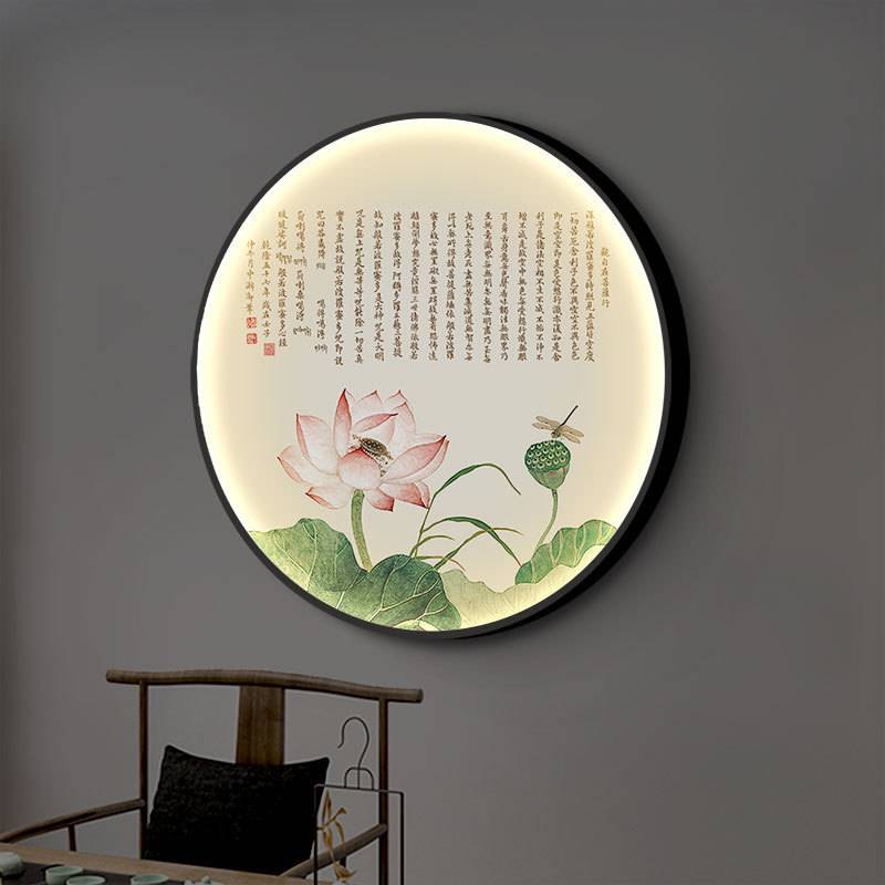 禅意心经圆形LED灯玄关装饰画新中式茶室佛系莲花荷花发光挂画图片