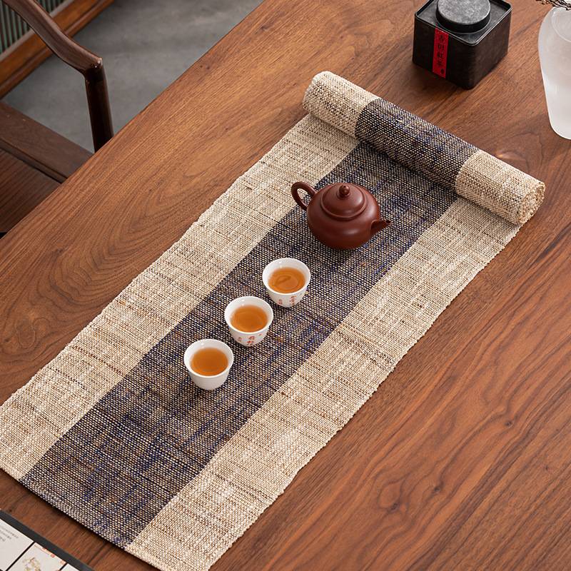 日式禅意长条苎麻桌旗 茶席茶几桌布麻草布竹席 棉麻布艺茶巾桌布