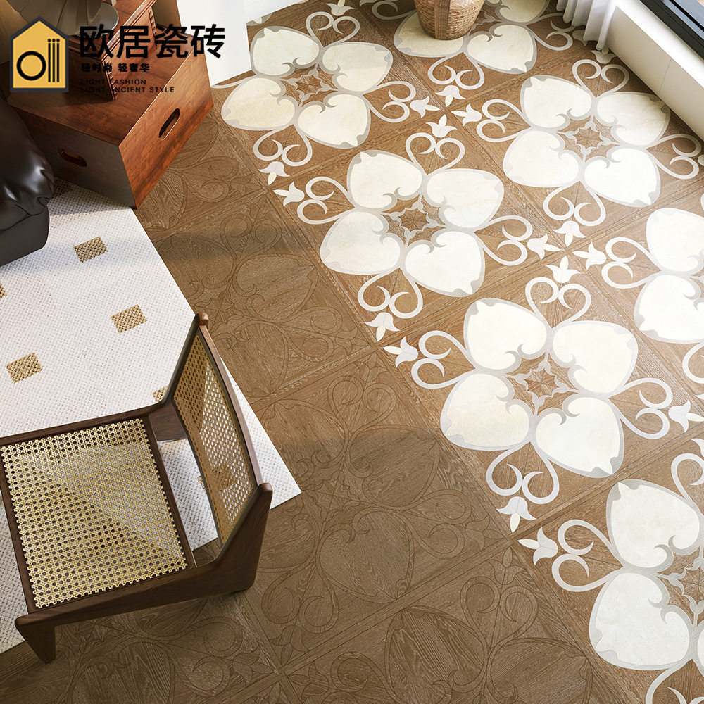 别墅豪宅木纹砖客厅拼花复古瓷砖800x800卧室防滑地砖法式地板砖