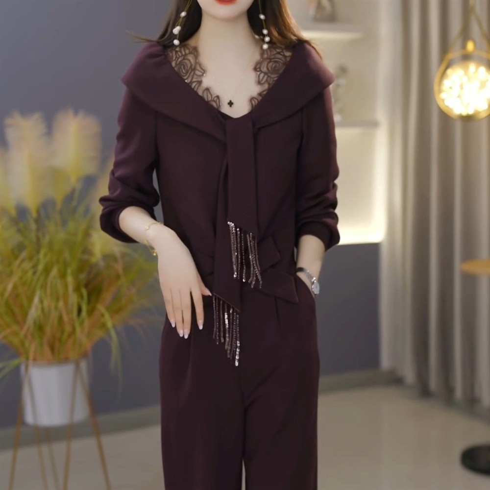 休闲高端时尚优雅纯色套装女2026秋季新款遮肚修身显瘦裤装两件套