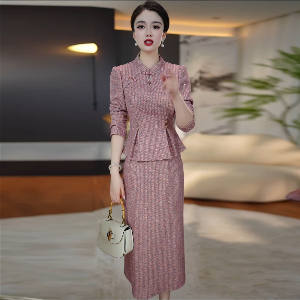 长袖立领两件套连衣裙女2026年新款秋季加厚显瘦妈妈装半身裙套装