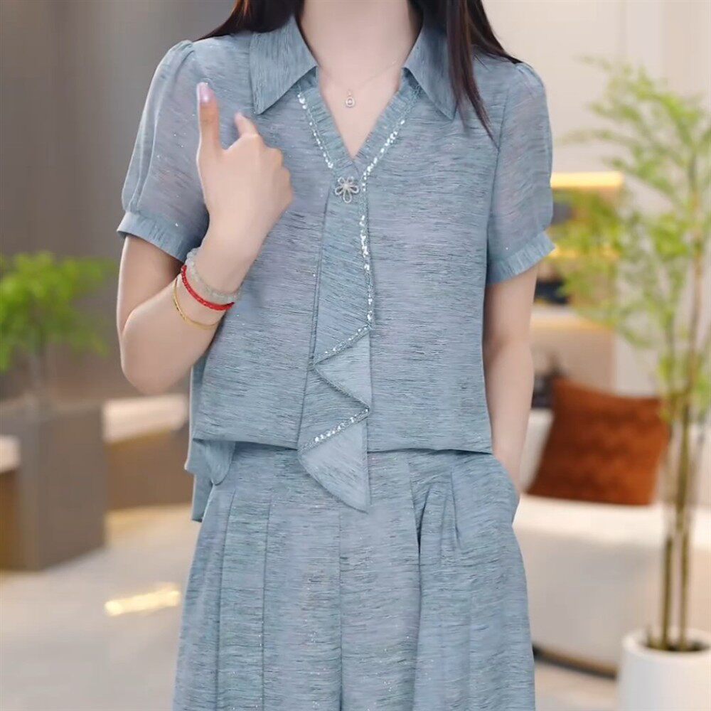 高级轻羽丝衬衣领上衣两件套女2026夏季新款洋气宽松紧腰裙裤套装