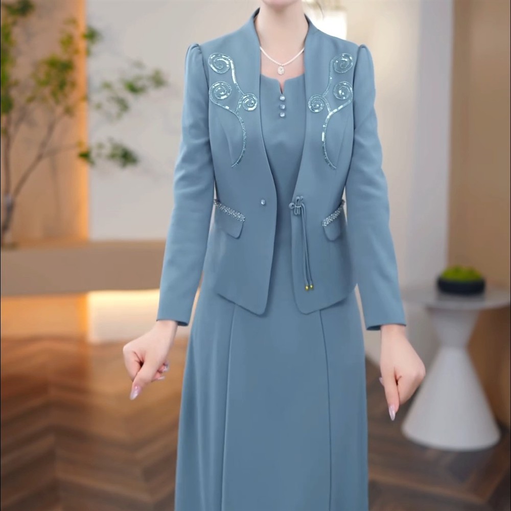 高端贵夫人两件套连衣裙女2026春秋新款妈妈气质显瘦套装礼服裙子