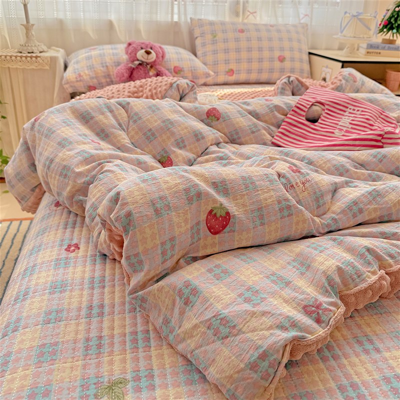 双层纱床盖款四h件套2025新款榻榻米床单宿舍豆豆绒被子全套一整