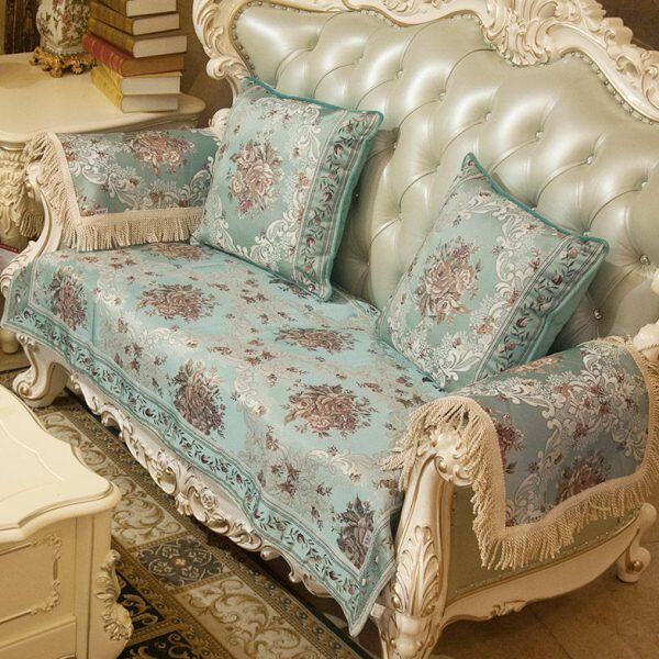 蓝色欧式沙发垫子高档奢华布艺防滑真皮套罩四季通用坐垫套定做