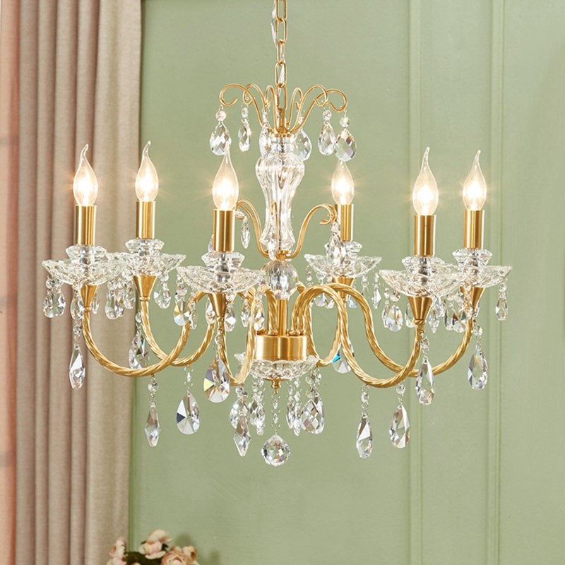 贝恋 轻奢全铜弧k珠纽纹水晶吊灯欧法式复古黄铜别墅卧室餐客厅灯