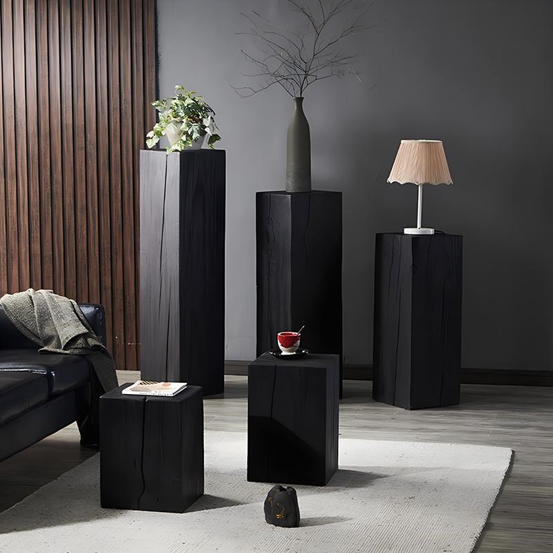侘寂风黑色方形碳化实木墩子民宿原木H花架雕塑展示台木桩底座摆