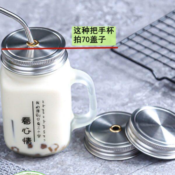 304不锈钢公鸡杯盖子不生锈杯盖带孔瓶盖梅森杯罐 把手杯通用盖子