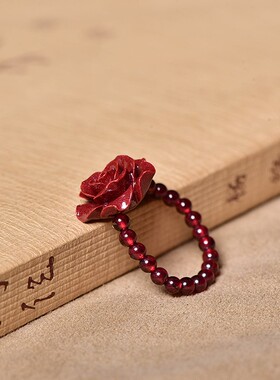 原矿朱砂本命年玫瑰花戒指男女情侣紫金沙平U安百搭弹力指环