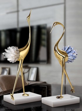 现代轻奢铜鹤摆件水晶工艺礼品摆饰客厅D电视柜酒柜玄关家居软装