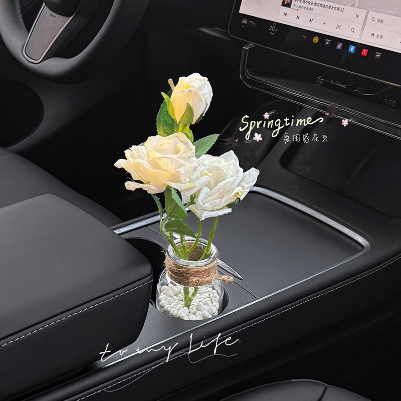 汽车摆件花束法式油画焦边玫瑰氛围车内装饰品Q适用水杯架车载花