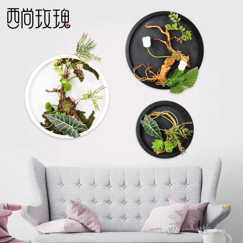 客厅卧室墙面圆形壁饰装饰墙壁挂件绿植物多肉花艺立体假花草
