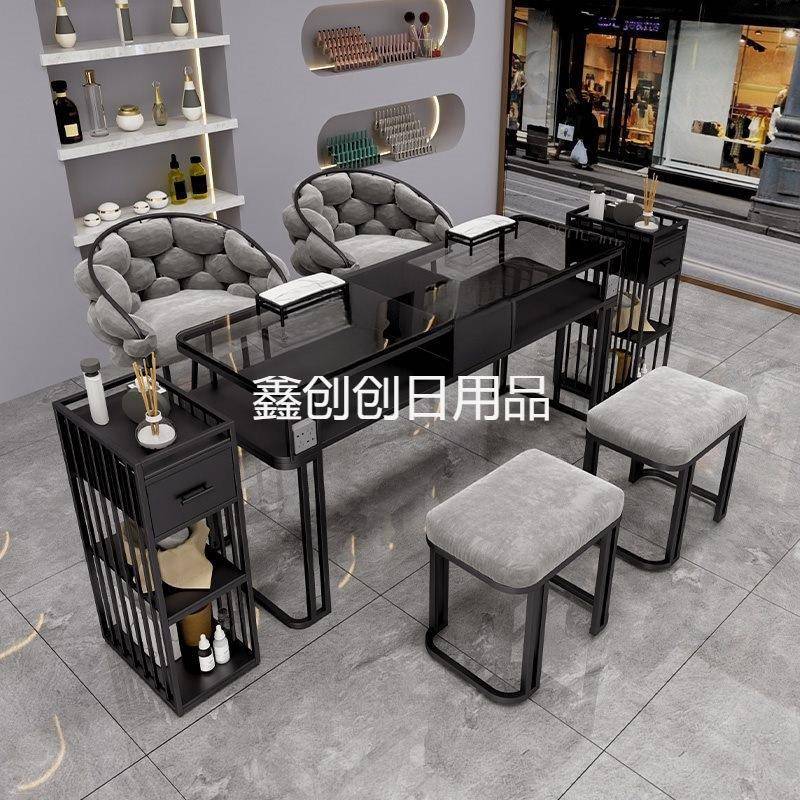 禁欲系黑色美甲桌椅套装玻璃面时尚单人双人三人轻奢美甲台一整套