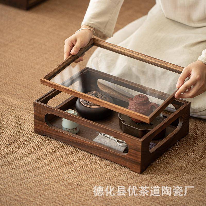 胡桃木开窗茶具收纳柜创意透明玻璃柜家用木制茶柜展示盒中式