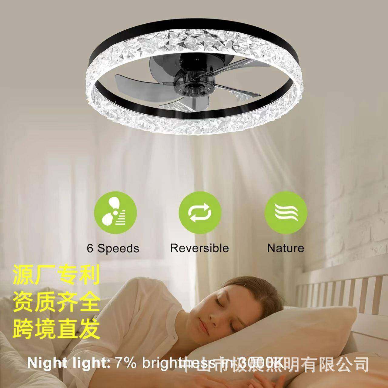 新品20英寸水晶吊扇灯App智能遥欧美现代简约跨境爆款资质风扇灯
