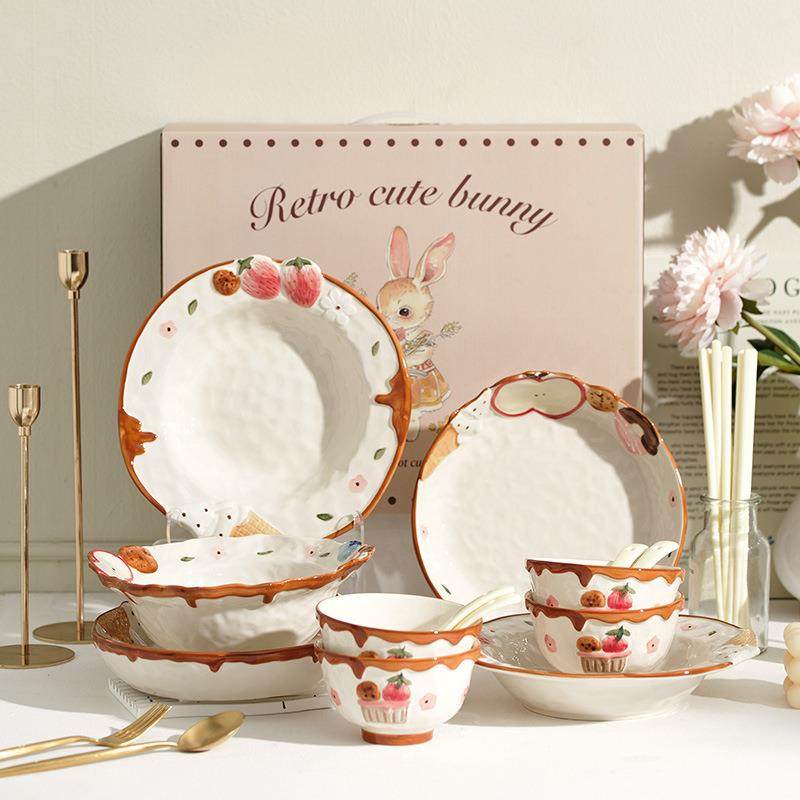 可爱卡通盘子菜盘家用2025新款碗具高颜值陶瓷餐具釉下彩碗盘套装,餐饮具,餐具瓷器套装,淘宝优惠券,粉丝福利购,淘宝优惠卷