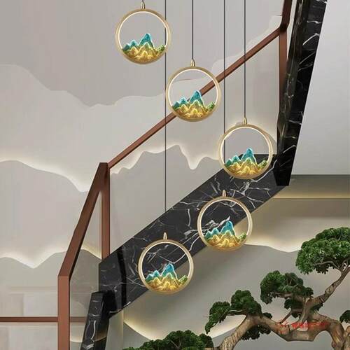 楼梯吊灯长吊灯全铜新中式轻奢现代中国风别墅复式楼loft旋转挑空