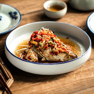 剁椒鱼头大圆盘鱼盘家用蒸鱼盘子菜盘陶瓷大碗汤盘深盘加深窝盘