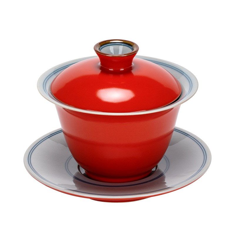 珊瑚红手绘双线陶瓷三才盖碗茶杯单个家用茶碗防烫功夫茶具泡茶器