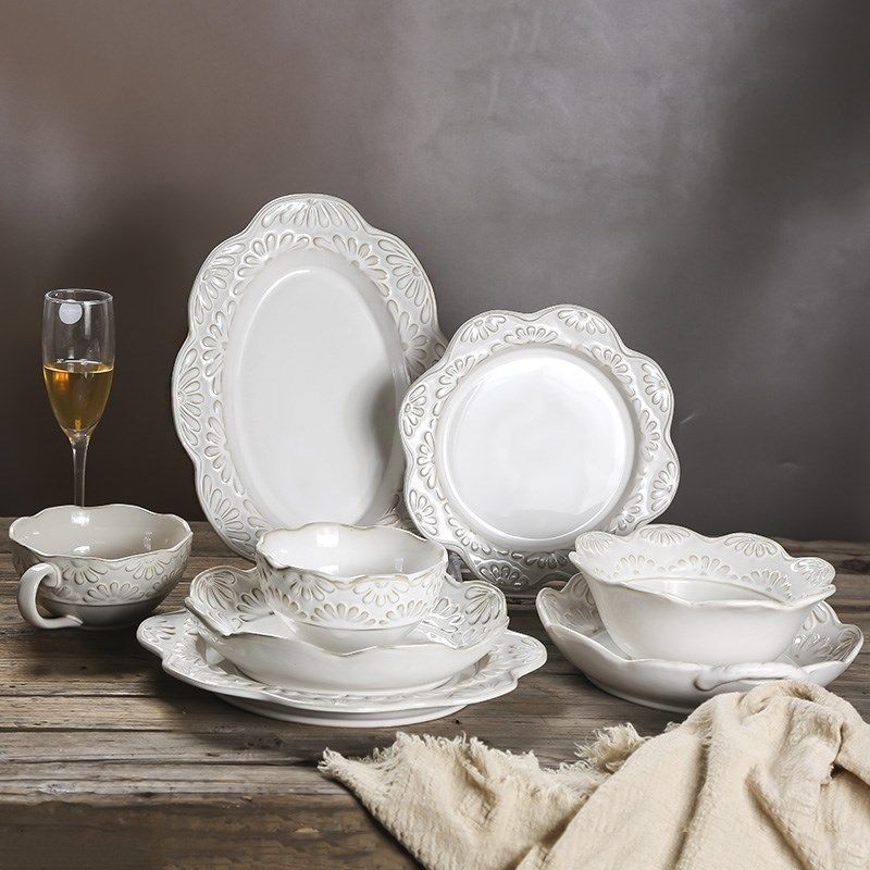 日式浮雕陶瓷盘家用餐具套装西餐盘牛排盘米饭碗深盘子复古鱼盘