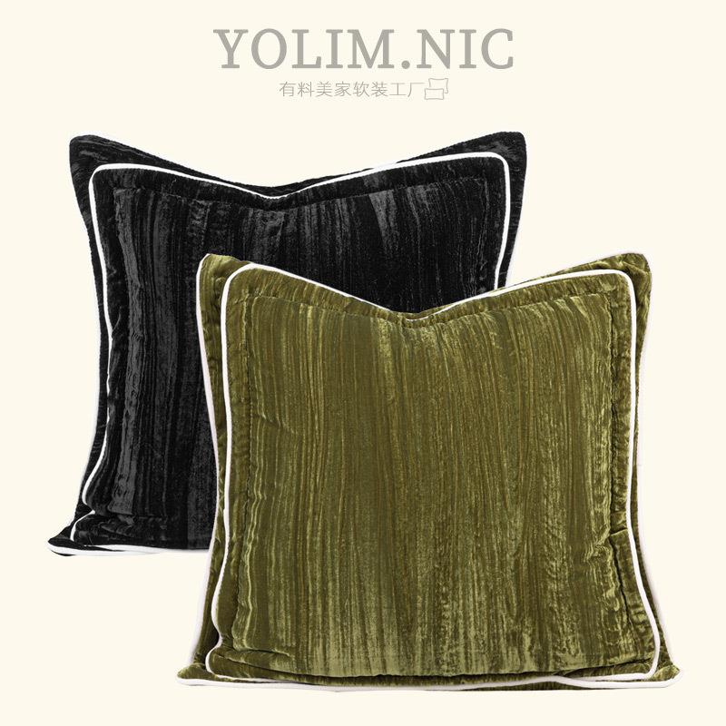 法式轻奢复古苔藓绿抱枕套沙发靠垫黑丝绒双层飞边靠枕中古风靠包