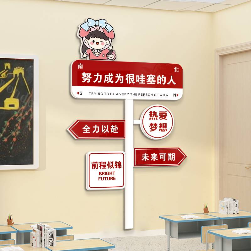 创意路牌励志标语中考班级装饰文化墙贴教室布置黑板上面挂画高考