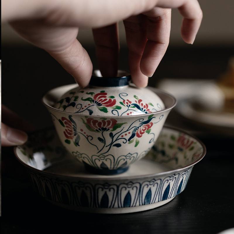 梵汝景德镇纯手绘彼岸花石花二才盖碗不烫手高档茶具釉下彩泡茶碗
