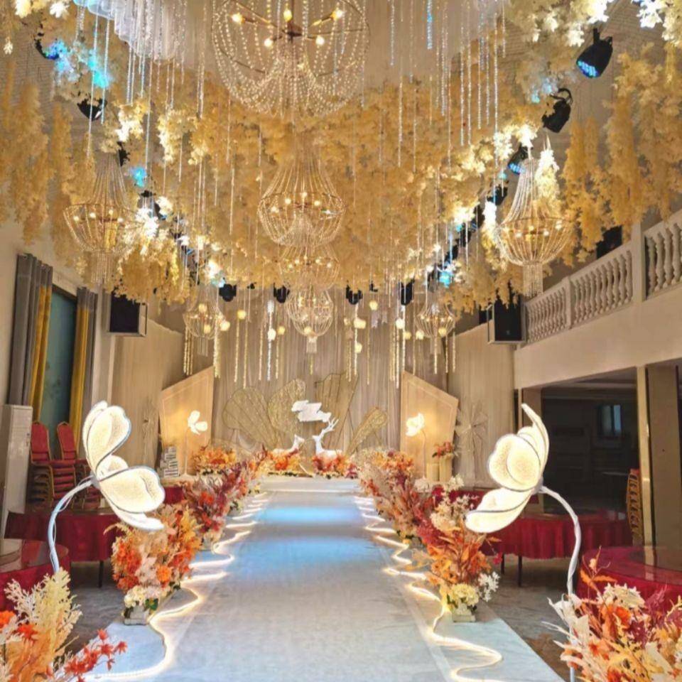 婚庆婚礼道具牡丹花发光路引灯蕾丝铁艺舞台场景装饰布艺背景