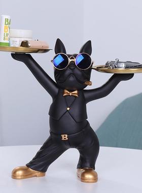 功夫法斗狗摆件创意钥匙收纳托盘家居装饰客厅玄关桌面树脂工艺品