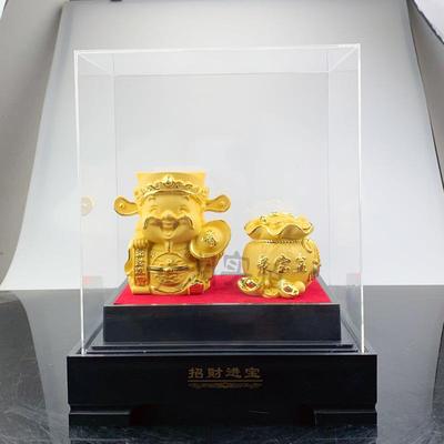 新款上市绒沙金工艺品哈哈财神聚宝盆两件套招财进宝摆件