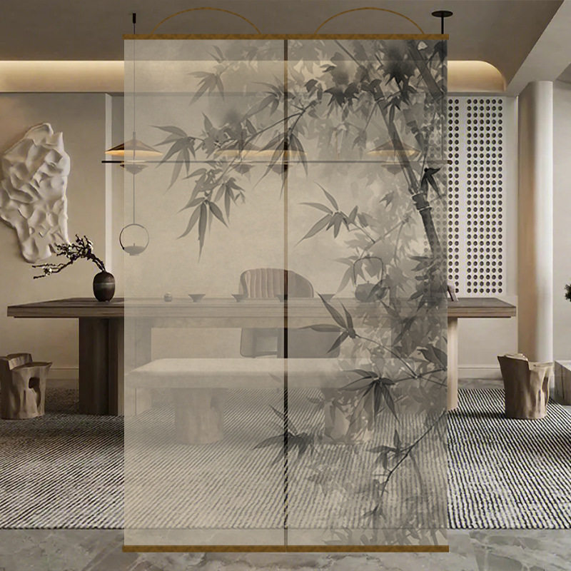 新中式水墨竹画文艺透景屏风纱卷帘隔断帘挂帘窗帘玄关透光纱帘