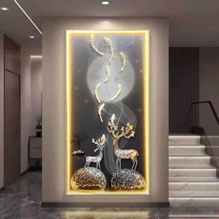 关HS-09040带灯装饰户画风景玄福字晶瓷镶钻LD灯发光客厅福鹿E入